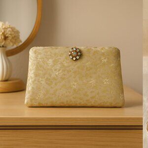 Vintage 1950s Ingber Gold Brocade Evening Clutch – Jewel Clasp, Original Mirror